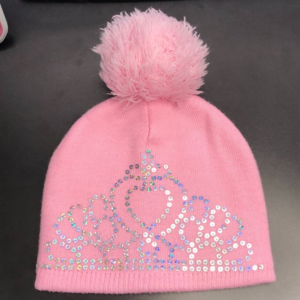 Rising Star Pink Knit Beanie Hat Cap Sequence Crown Pom Top Size 3-12M